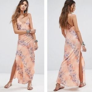 Free People Peach Floral Satin Maxi Dress